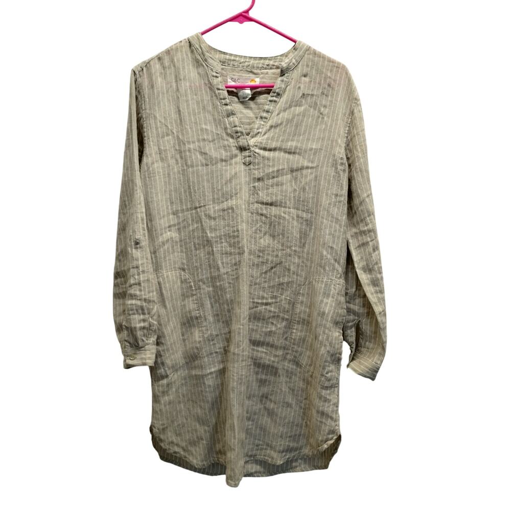 C&C California Shirt Dress Size Small Beige White Striped Roll-Tab Sleeves Linen